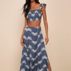 Lulu's Trancoso Dusty Blue Floral Print Two-Piece Maxi Dress NWOT